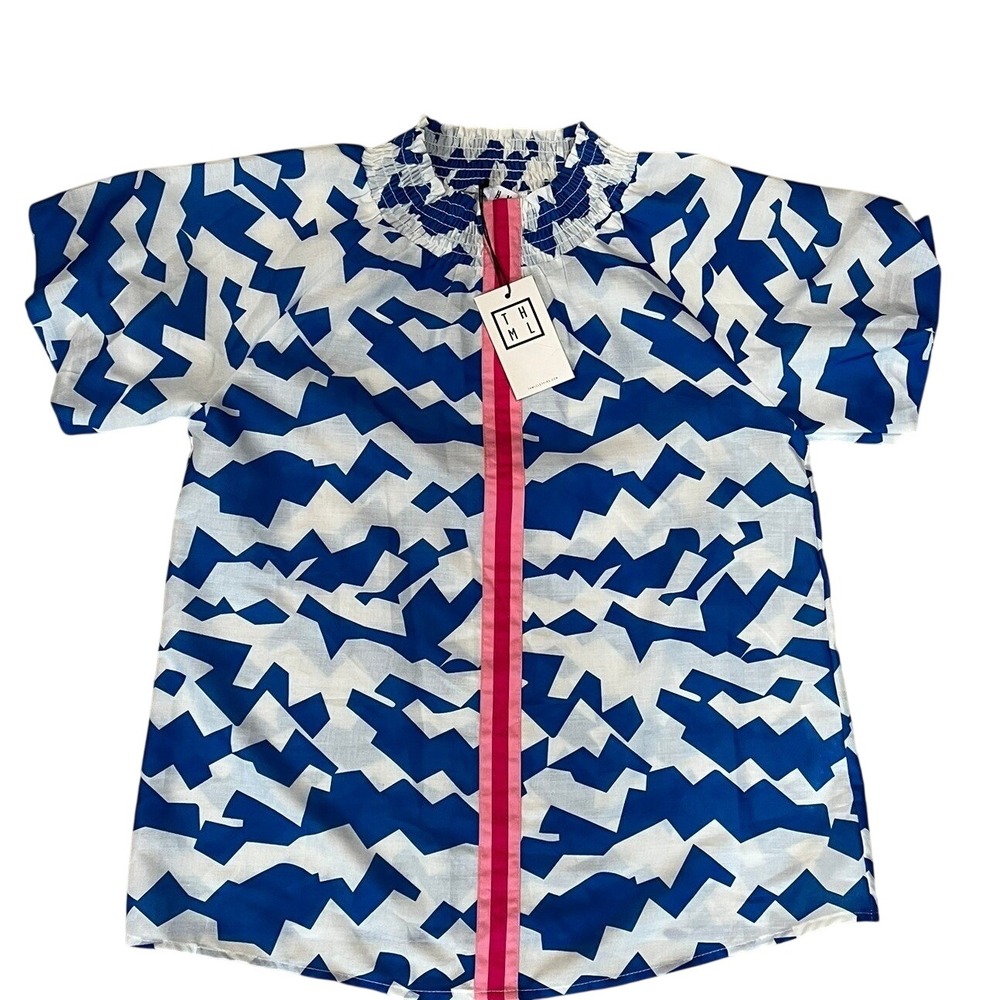 THML Womens Blue White Geometric Abstract Smocked Neck Pink Stripe Blouse New